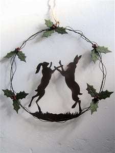 Shoeless Joe Christmas handmade Metal Wreath - Boxing Hares