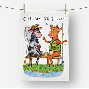 Funny cow fishing tea towel