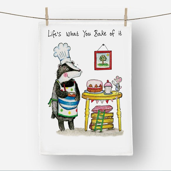 Funny baking badger cake tea towel