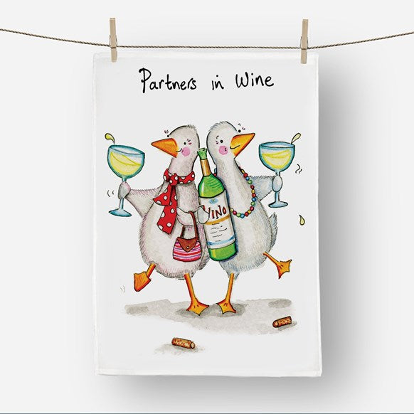 Funny ducks drinking wine tea towel